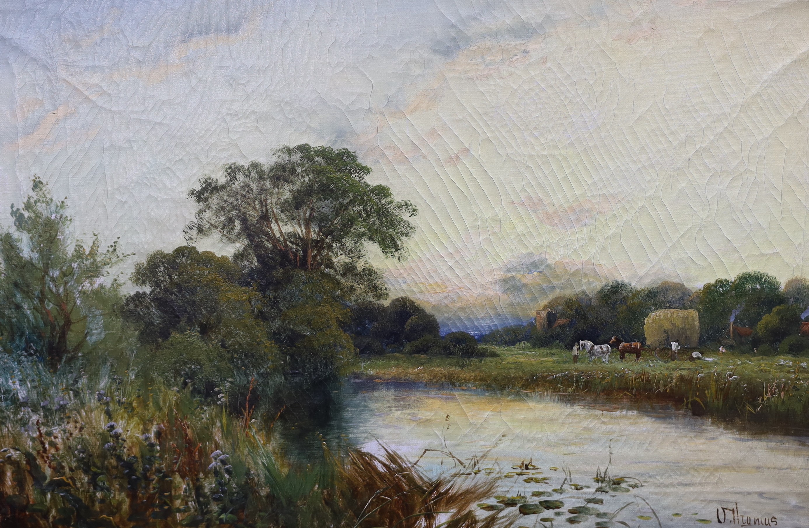 Octavius Thomas (Clark), pair of oils on canvas, River landscapes with sheep and hay barge, signed, 40 x 60cm